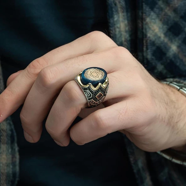 Mührü Süleyman İşleme Sıkma Kehribar Taşlı 925 Gümüş Erkek Yüzük - 5