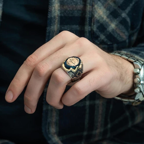 Hasbiyallah Yazılı Sıkma Kehribar Taşlı 925 Gümüş Erkek Yüzük - 3