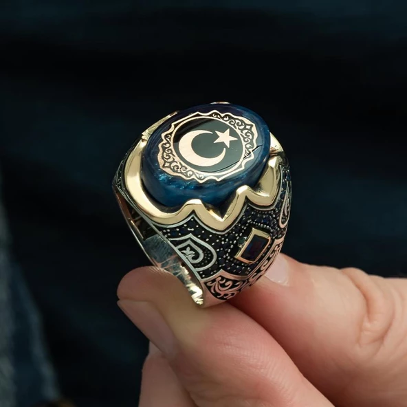 Ayyıldız Desenli Sıkma Kehribar Taşlı 925 Gümüş Erkek Yüzük - 6