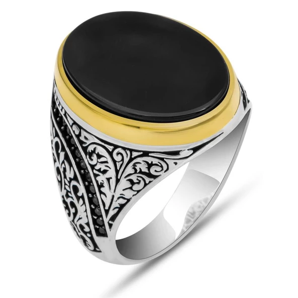 Siyah Oniks Taşlı 925 Gümüş Erkek Yüzük - 2