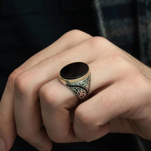 Siyah Oniks Taşlı 925 Gümüş Erkek Yüzük - 8