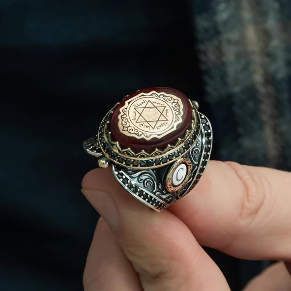 Mührü Süleyman İşleme Sıkma Kehribar Taşlı 925 Gümüş Erkek Yüzük - 7
