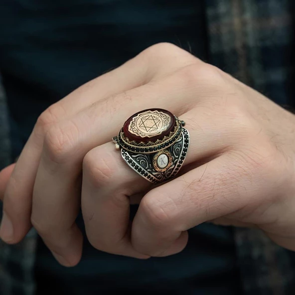 Mührü Süleyman İşleme Sıkma Kehribar Taşlı 925 Gümüş Erkek Yüzük - 3
