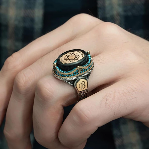 Mührü Süleyman İşleme Sıkma Kehribar Taşlı 925 Gümüş Erkek Yüzük - 3