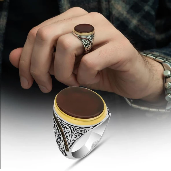 Oval Akik Taşlı 925 Gümüş Erkek Yüzük ürün görseli