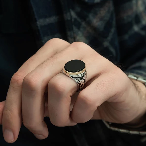 Siyah Oniks Taşlı 925 Gümüş Erkek Yüzük - 7