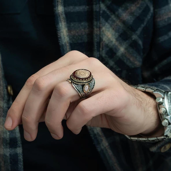 Mührü Süleyman İşleme Sıkma Kehribar Taşlı 925 Gümüş Erkek Yüzük - 4