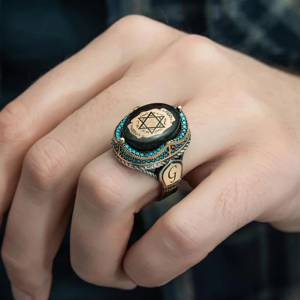 Mührü Süleyman İşleme Sıkma Kehribar Taşlı 925 Gümüş Erkek Yüzük - 7