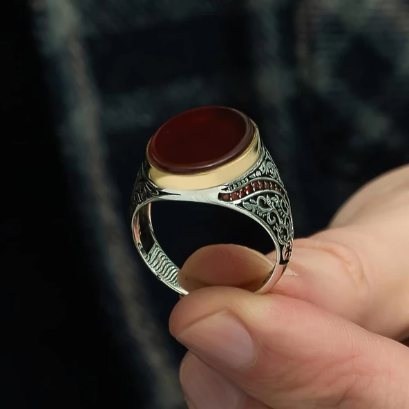 Oval Akik Taşlı 925 Gümüş Erkek Yüzük - Resim 5