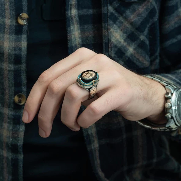 Mührü Süleyman İşleme Sıkma Kehribar Taşlı 925 Gümüş Erkek Yüzük - 4