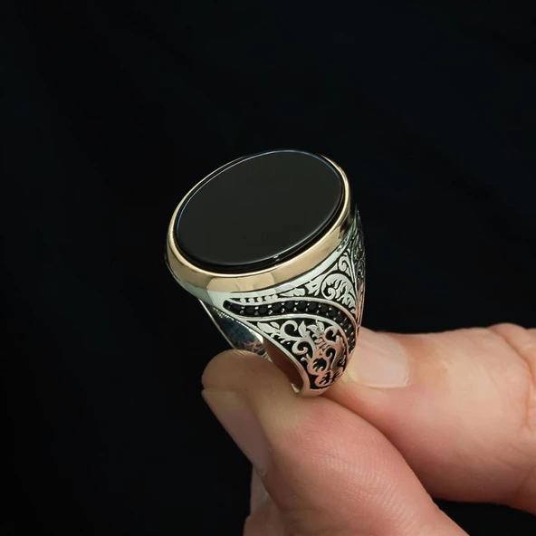 Siyah Oniks Taşlı 925 Gümüş Erkek Yüzük - 6