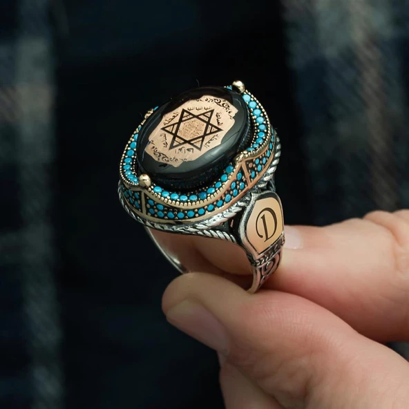 Mührü Süleyman İşleme Sıkma Kehribar Taşlı 925 Gümüş Erkek Yüzük - 6