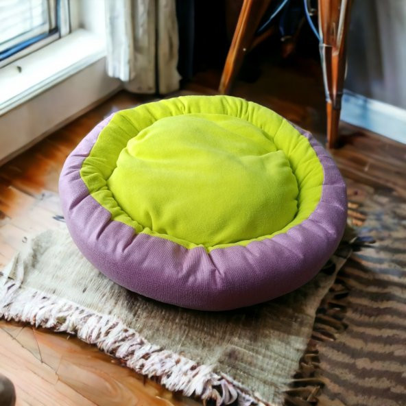 Girist Pet Kedi ve Köpek Yatağı Mor ve Yeşil Simit Yatak 50x50 cm
