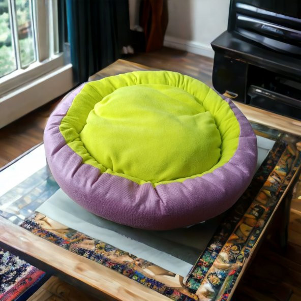 Girist Pet Kedi ve Köpek Yatağı Mor ve Yeşil Simit Yatak 50x50 cm - Resim 2