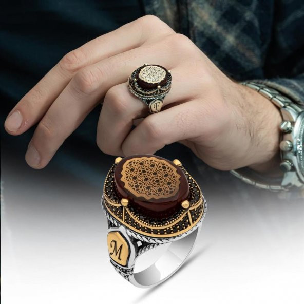 Kırmızı Sıkma Kehribar Taşlı 925 Gümüş Erkek Yüzük