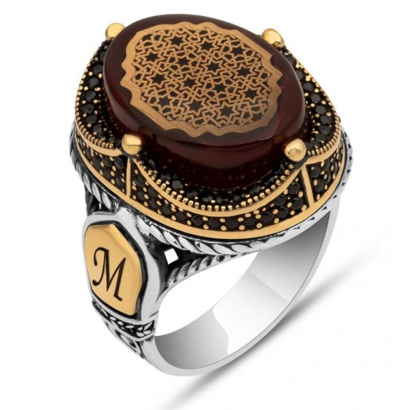 Kırmızı Sıkma Kehribar Taşlı 925 Gümüş Erkek Yüzük - 2