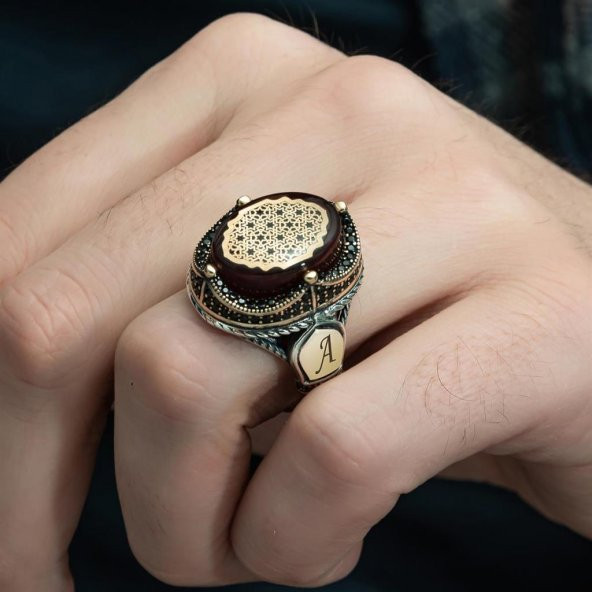 Kırmızı Sıkma Kehribar Taşlı 925 Gümüş Erkek Yüzük - 3