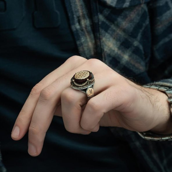 Kırmızı Sıkma Kehribar Taşlı 925 Gümüş Erkek Yüzük - 4