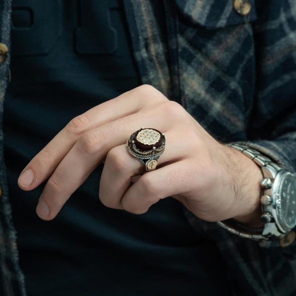 Kırmızı Sıkma Kehribar Taşlı 925 Gümüş Erkek Yüzük - 5