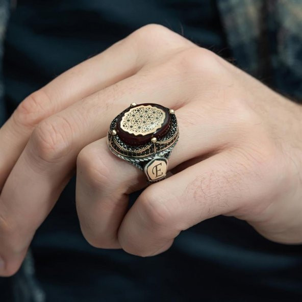 Kırmızı Sıkma Kehribar Taşlı 925 Gümüş Erkek Yüzük - 6