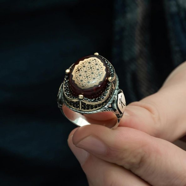 Kırmızı Sıkma Kehribar Taşlı 925 Gümüş Erkek Yüzük - 7