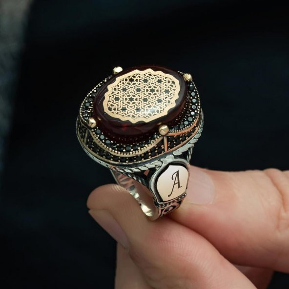 Kırmızı Sıkma Kehribar Taşlı 925 Gümüş Erkek Yüzük - 8