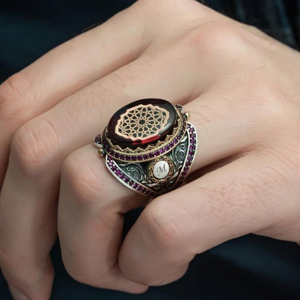 Kırmızı Sıkma Kehribar Taşlı 925 Gümüş Erkek Yüzük - 3