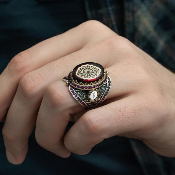 Kırmızı Sıkma Kehribar Taşlı 925 Gümüş Erkek Yüzük - 6