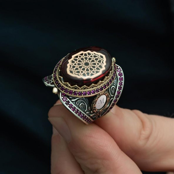 Kırmızı Sıkma Kehribar Taşlı 925 Gümüş Erkek Yüzük - 8