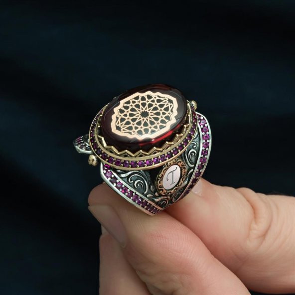 Kırmızı Sıkma Kehribar Taşlı 925 Gümüş Erkek Yüzük - 9