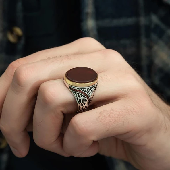 Oval Akik Taşlı 925 Gümüş Erkek Yüzük - Resim 4