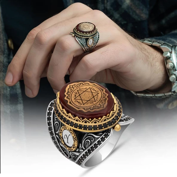 Mührü Süleyman İşleme Sıkma Kehribar Taşlı 925 Gümüş Erkek Yüzük