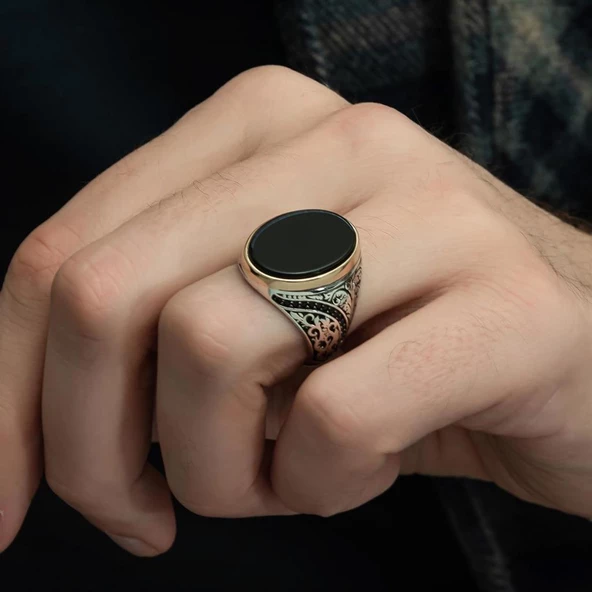 Siyah Oniks Taşlı 925 Gümüş Erkek Yüzük - 3