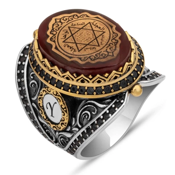 Mührü Süleyman İşleme Sıkma Kehribar Taşlı 925 Gümüş Erkek Yüzük - 2