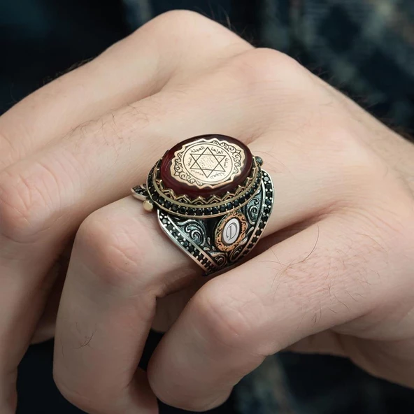 Mührü Süleyman İşleme Sıkma Kehribar Taşlı 925 Gümüş Erkek Yüzük - 6