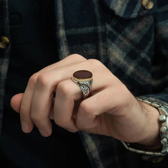 Oval Akik Taşlı 925 Gümüş Erkek Yüzük - Resim 3