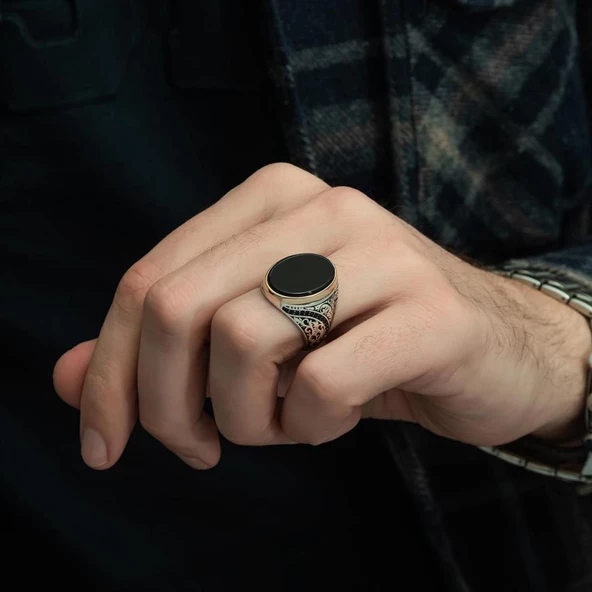 Siyah Oniks Taşlı 925 Gümüş Erkek Yüzük - 5