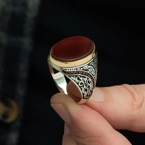 Oval Akik Taşlı 925 Gümüş Erkek Yüzük - Resim 6