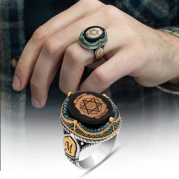 Mührü Süleyman İşleme Sıkma Kehribar Taşlı 925 Gümüş Erkek Yüzük