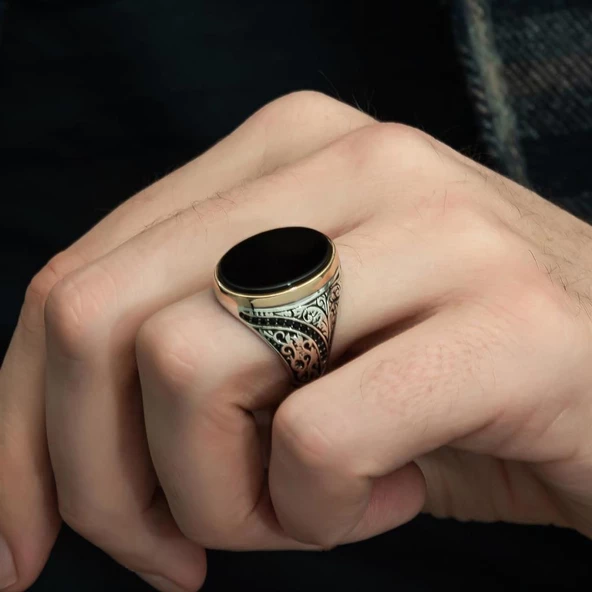 Siyah Oniks Taşlı 925 Gümüş Erkek Yüzük - 9