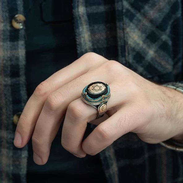 Mührü Süleyman İşleme Sıkma Kehribar Taşlı 925 Gümüş Erkek Yüzük - 5