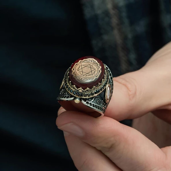 Mührü Süleyman İşleme Sıkma Kehribar Taşlı 925 Gümüş Erkek Yüzük - 5