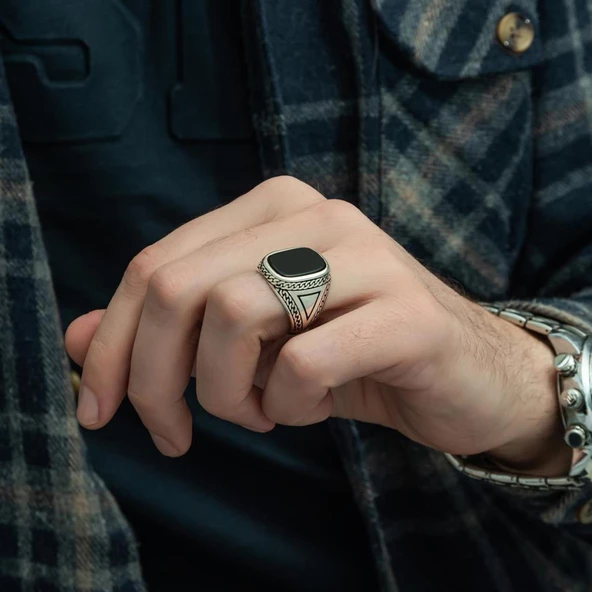 Siyah Oniks Taşlı 925 Gümüş Erkek Yüzük - Resim 6