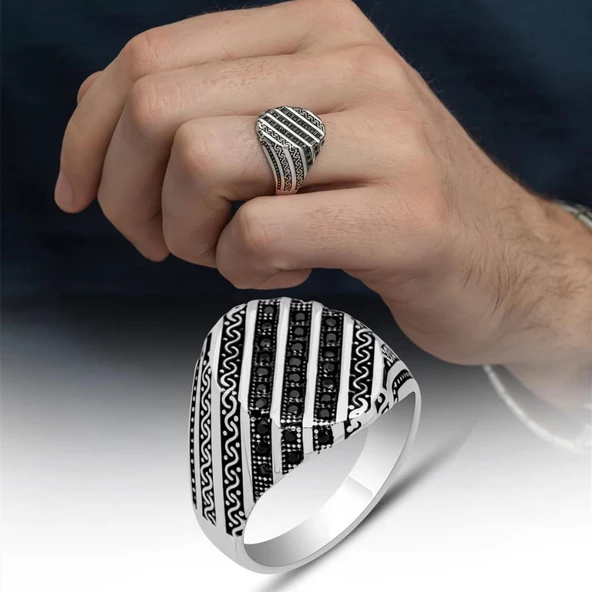 Çizgili Mikro Taşlı 925 Gümüş Erkek Yüzük