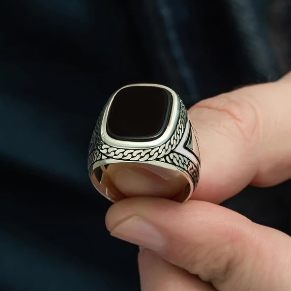 Siyah Oniks Taşlı 925 Gümüş Erkek Yüzük - Resim 8