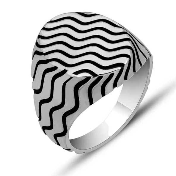 Dalga Desenli Taşsız 925 Gümüş Erkek Yüzük - 2
