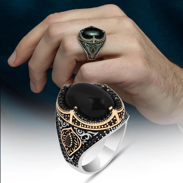 Siyah Oniks Taşlı 925 Gümüş Erkek Yüzük ürün görseli