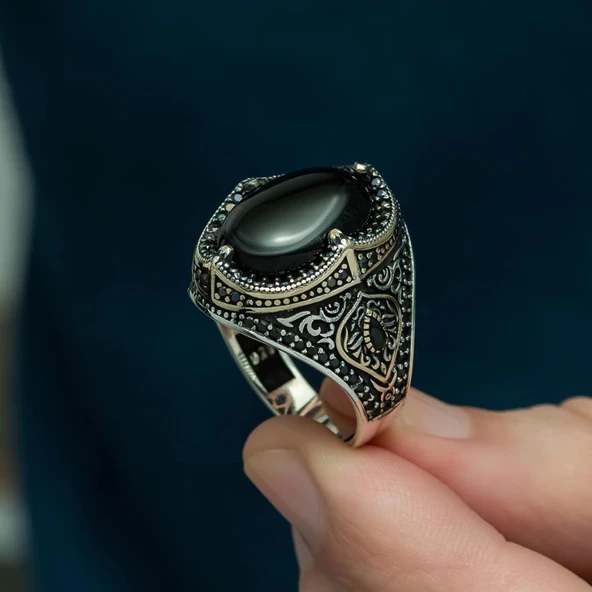 Siyah Oniks Taşlı 925 Gümüş Erkek Yüzük - Resim 6