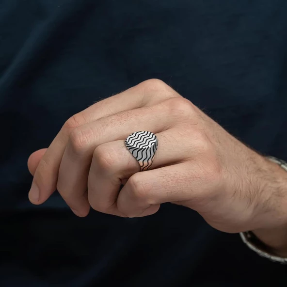 Dalga Desenli Taşsız 925 Gümüş Erkek Yüzük - 4