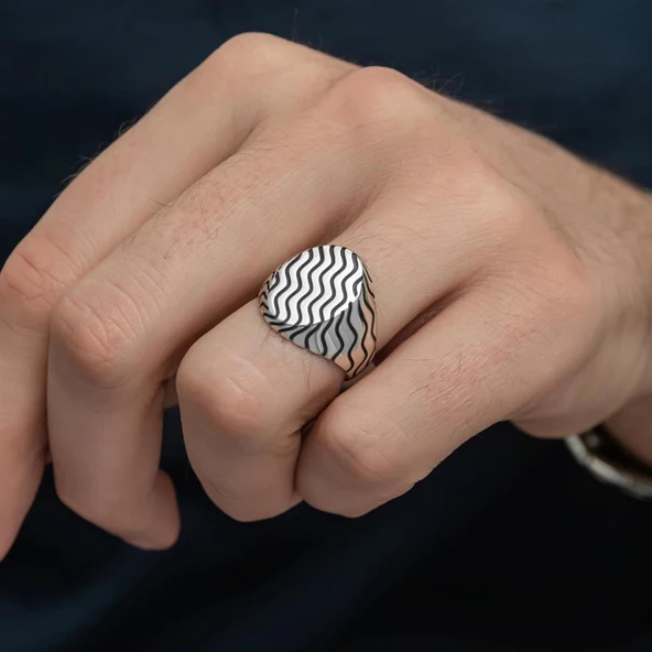 Dalga Desenli Taşsız 925 Gümüş Erkek Yüzük - 5